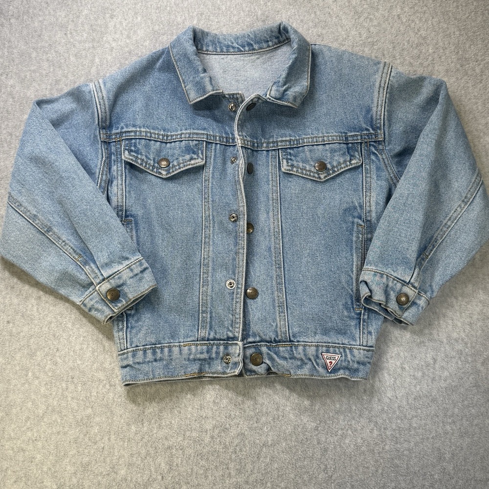 Vintage 90s Guess Kids Denim Jacket Light‎ Wash Jean Trucker USA Triangle Logo